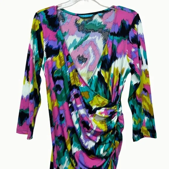 Tori Richard Honolulu Abstract Psychedelic V-Neck Long Sleeve Dress L - Picture 3 of 10
